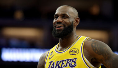 SACRAMENTO, CALIFORNIA - JANUARY 12: LeBron James #23 of the Los Angeles Lakers reacts during their game against the Sacramento Kings at Golden 1 Center on January 12, 2026 in Sacramento, California. James is wearing a patch to celebrate his record-setting 23rd NBA season. NOTE TO USER: User expressly acknowledges and agrees that, by downloading and/or using this photograph, user is consenting to the terms and conditions of the Getty Images License Agreement. (Photo by Ezra Shaw/Getty Images)