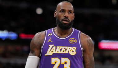 CHICAGO, ILLINOIS - JANUARY 26: LeBron James #23 of the Los Angeles Lakers looks on during the first quarter against the Chicago Bulls at the United Center on January 26, 2026 in Chicago, Illinois. NOTE TO USER: User expressly acknowledges and agrees that, by downloading and or using this photograph, User is consenting to the terms and conditions of the Getty Images License Agreement. (Photo by Patrick McDermott/Getty Images)