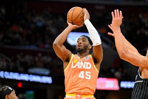 CLEVELAND, OHIO - JANUARY 26: Guard Donovan Mitchell #45 of the Cleveland Cavaliers shoots during the fourth quarter against the Orlando Magic at Rocket Arena on January 26, 2026 in Cleveland, Ohio. The Cavaliers defeated the Magic 114-98. NOTE TO USER: User expressly acknowledges and agrees that, by downloading and or using this photograph, User is consenting to the terms and conditions of the Getty Images License Agreement. (Photo by Jason Miller/Getty Images)