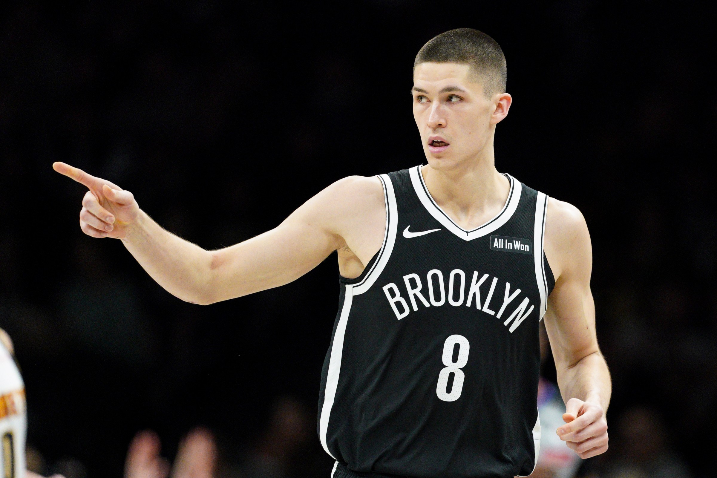 NEW YORK, NEW YORK - JANUARY 04: Egor Demin #8 of the Brooklyn Nets gestures during the game against the Denver Nuggets at Barclays Center on January 04, 2026 in New York City. NOTE TO USER: User expressly acknowledges and agrees that, by downloading and or using this photograph, User is consenting to the terms and conditions of the Getty Images License Agreement. (Photo by Evan Bernstein/Getty Images)