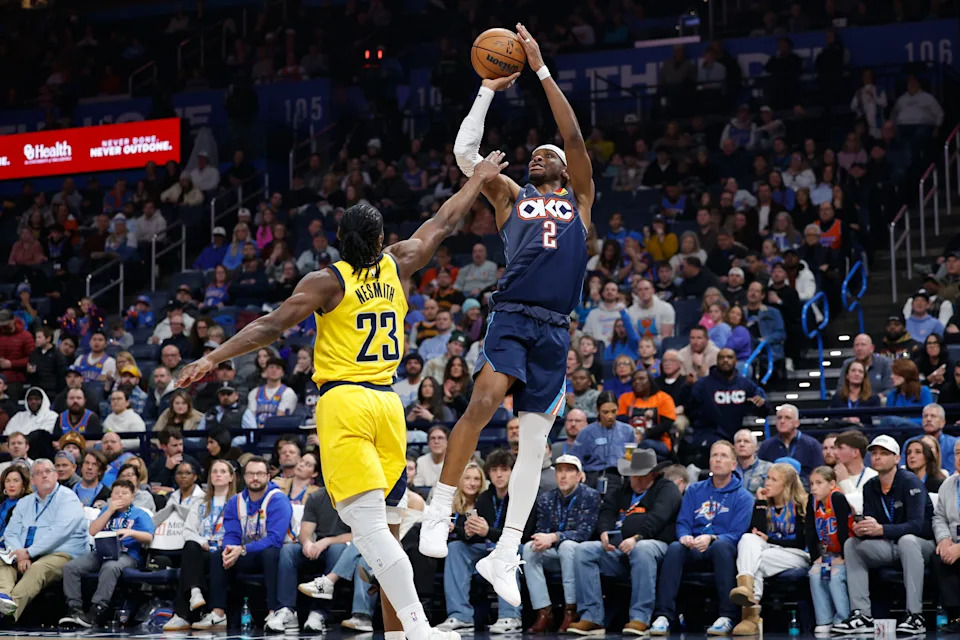 Jan 23, 2026; Oklahoma City, Oklahoma, USA; Oklahoma City Thunder guard Shai Gilgeous-Alexander (2) shoots over Indiana Pacers guard/forward Aaron Nesmith (23) during the second quarter at Paycom Center. Mandatory Credit: Alonzo Adams-Imagn Images