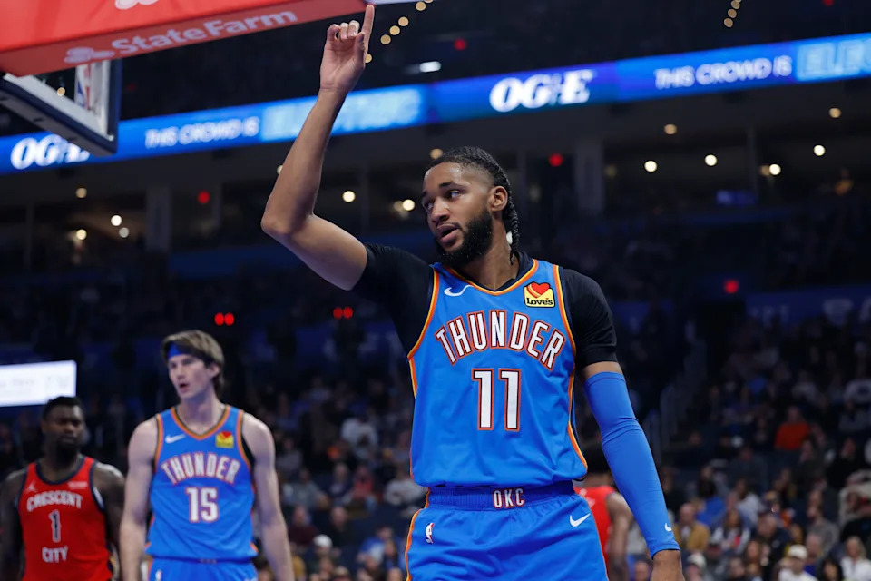 Jan 27, 2026; Oklahoma City, Oklahoma, USA; Oklahoma City Thunder guard Isaiah Joe (11) gestures after a play against the New Orleans Pelicans during the second quarter at Paycom Center. Mandatory Credit: Alonzo Adams-Imagn Images