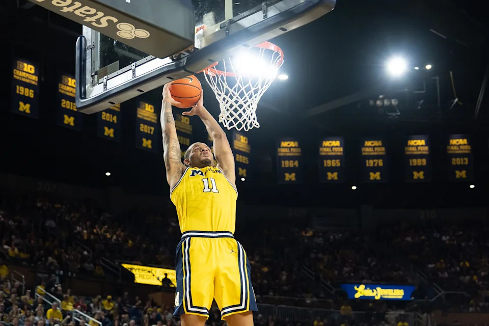 Roddy Gayle Jr. of the Michigan Wolverines goes for a slam dunk during the first half against Ohio State Buckeyes as Crisler Center in Ann Arbor on Friday, Jan. 23, 2026. at Crisler Arena on January 23, 2026 in Ann Arbor, Michigan. (Photo by Jaime Crawford/Getty Images)