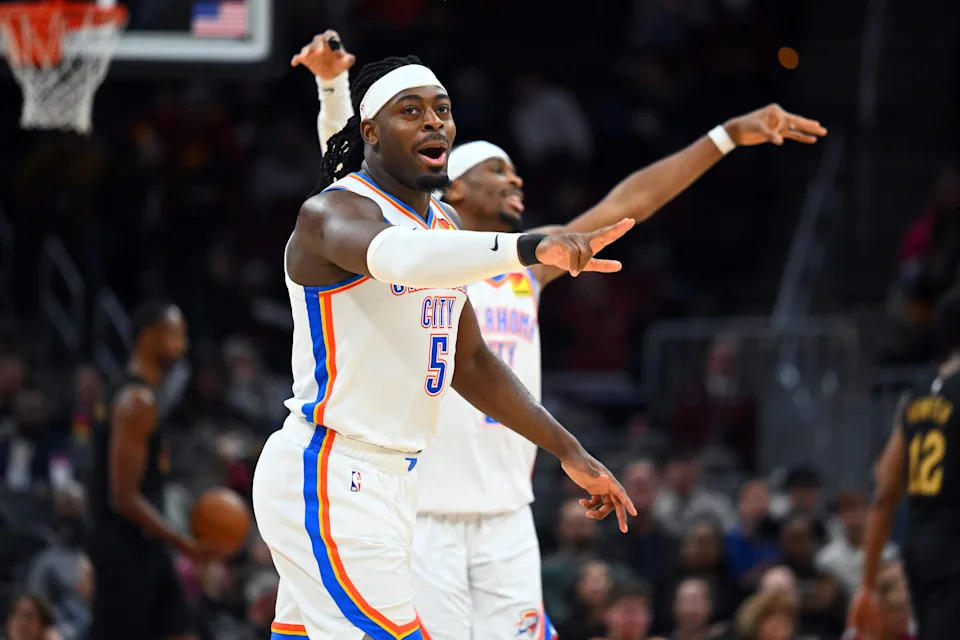 CLEVELAND, OHIO - JANUARY 19: Guard Luguentz Dort #5 of the Oklahoma City Thunder celebrates during the fourth quarter against the Cleveland Cavaliers at Rocket Arena on January 19, 2026 in Cleveland, Ohio. The Thunder defeated the Cavaliers 136-104. NOTE TO USER: User expressly acknowledges and agrees that, by downloading and or using this photograph, User is consenting to the terms and conditions of the Getty Images License Agreement. (Photo by Jason Miller/Getty Images)