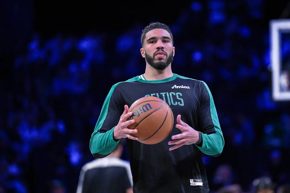 Mar 15, 2025; Brooklyn, New York, USA; Boston Celtics forward Jayson Tatum (0) warms up before a game against the Brooklyn Nets at Barclays Center. Mandatory Credit: John Jones-Imagn Images