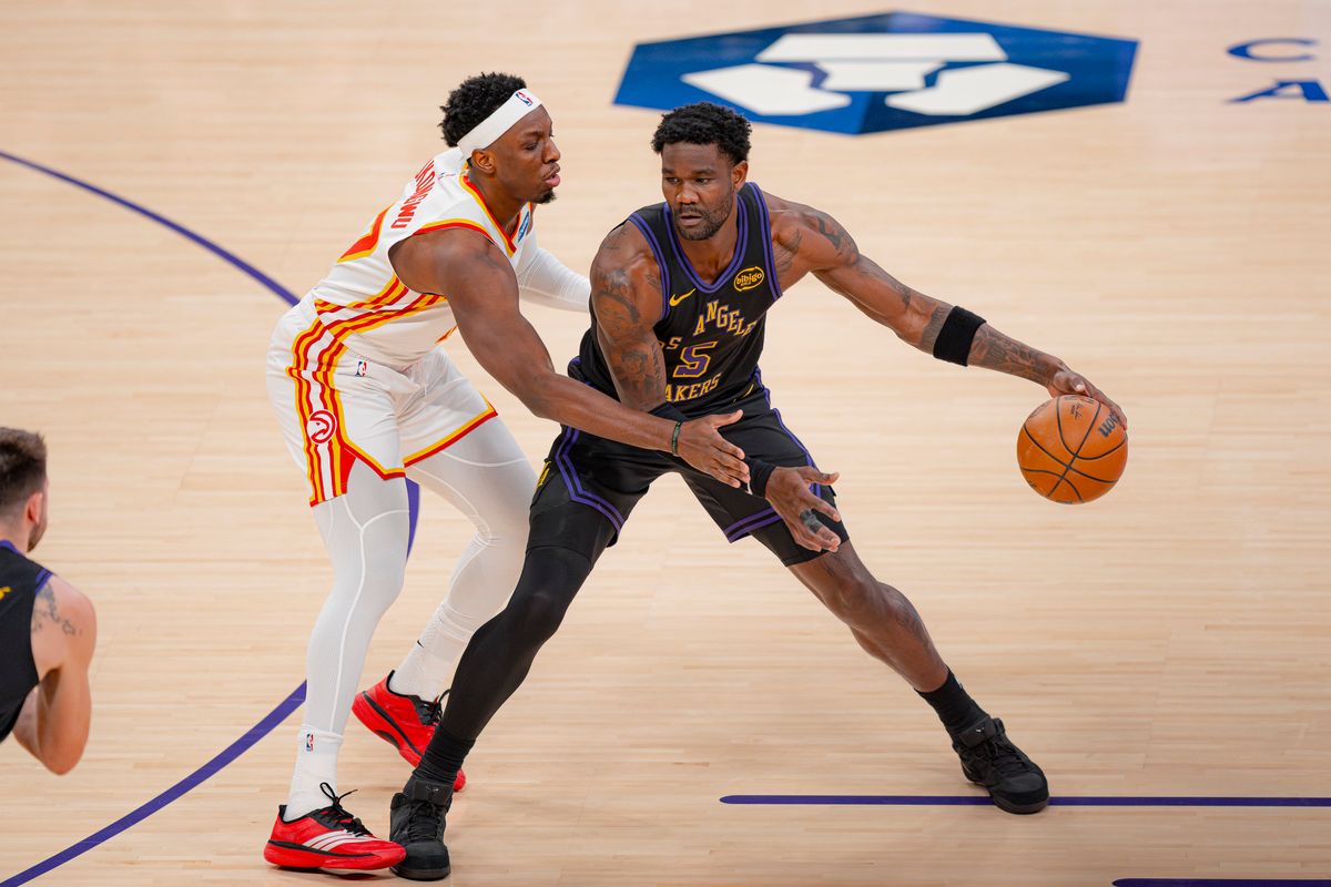 Los Angeles Lakers center Deandre Ayton (5) dribbling during an NBA basketball game against the Atlanta Hawks on January 13th, 2026 in Los Angeles, CA.