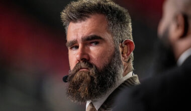 ESPN MNF broadcaster Jason Kelce shown on set prior to the game between the Los Angeles Rams against the Atlanta Falcons at Mercedes-Benz Stadium.