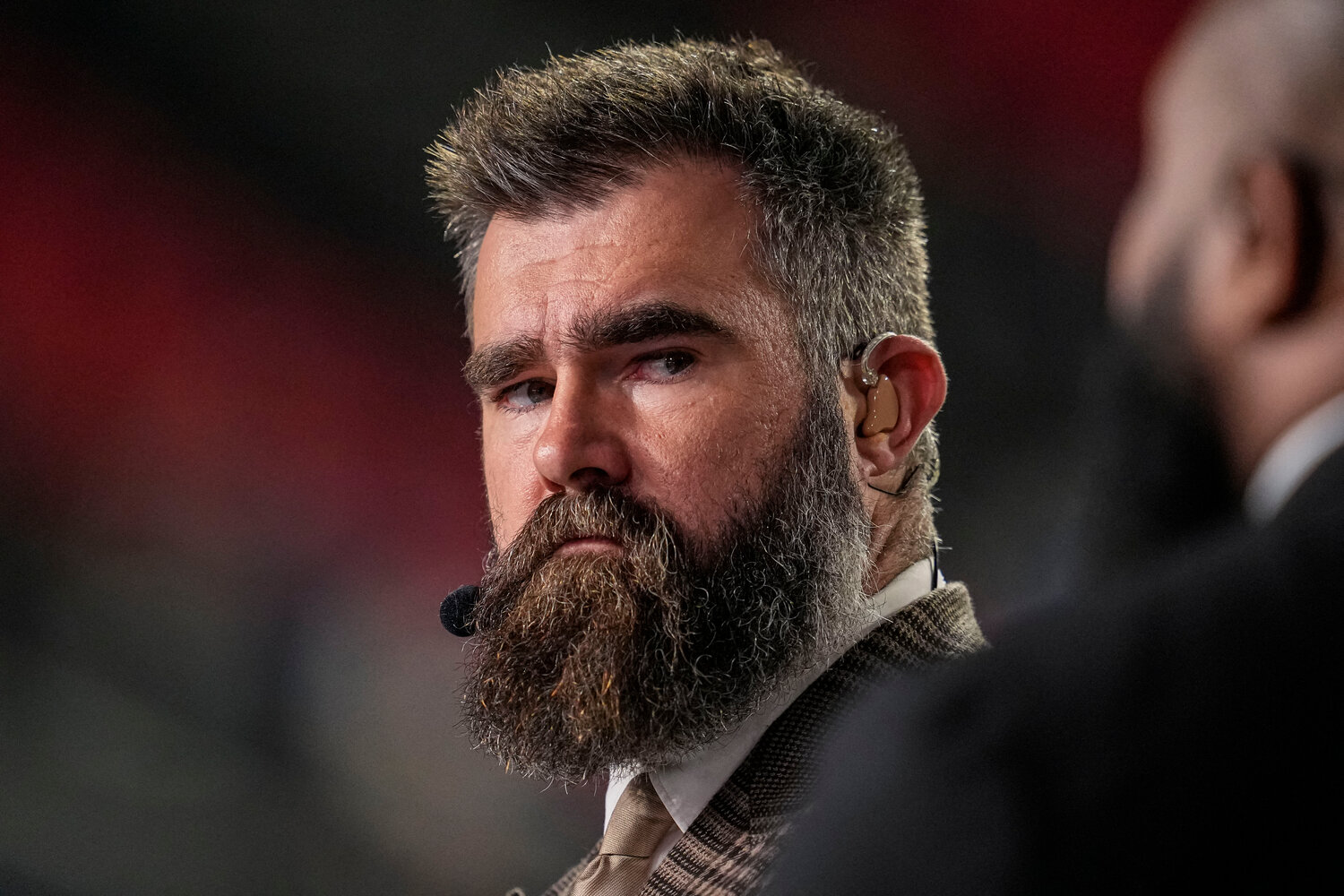 ESPN MNF broadcaster Jason Kelce shown on set prior to the game between the Los Angeles Rams against the Atlanta Falcons at Mercedes-Benz Stadium.