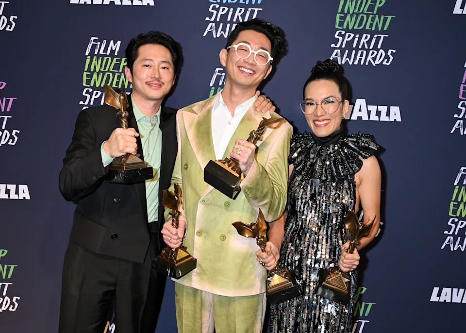 Steven Yeun, Lee Sung Jin and Ali Wong winners of Best New Scripted Series and Best Lead Performance in a New Scripted Series for "Beef," pose in the press room at the 2024 Film Independent Spirit Awards held at the Santa Monica Pier on February 25, 2024 in Santa Monica, California. (Photo by Gilbert Flores/Variety via Getty Images)