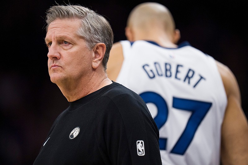 Minnesota Timberwolves Head Coach Chris Finch watches during the first half of an NBA basketball game between the Utah Jazz and the Minnesota Timberwolves Tuesday, Jan. 20, 2026, in Salt Lake City. (AP Photo/Bethany Baker)