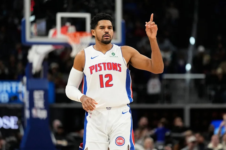 Detroit Pistons forward Tobias Harris celebrates after a 3-point basket during the first half of an NBA basketball game against the Cleveland Cavaliers, Monday, Oct. 27, 2025, in Detroit. AP