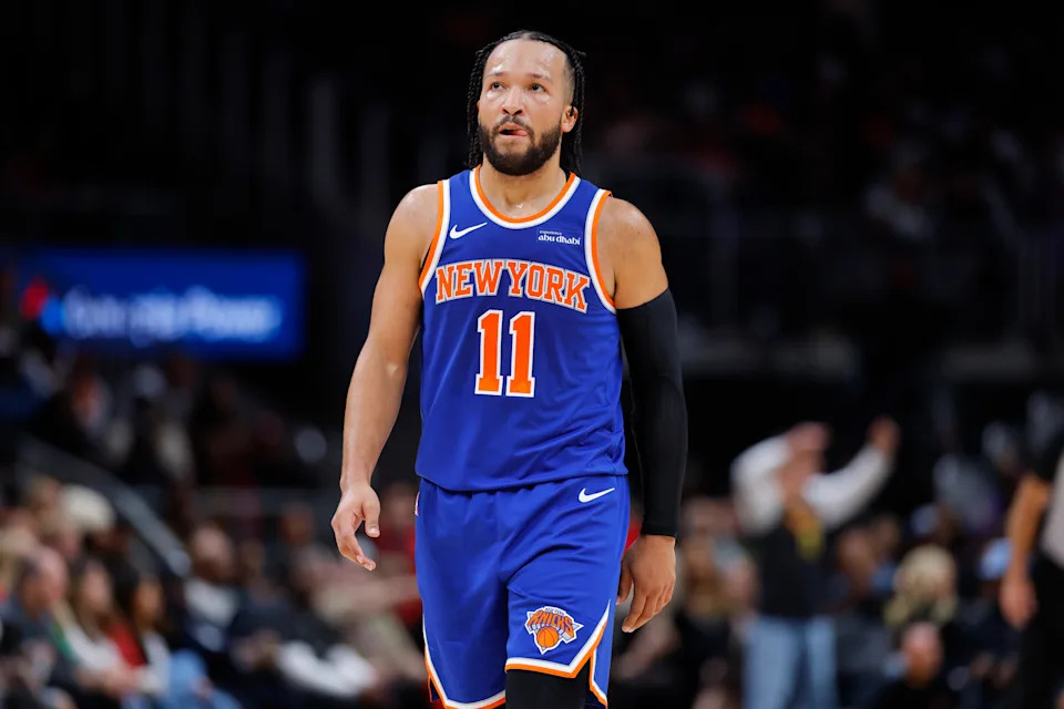 ATLANTA, GEORGIA - DECEMBER 27: Jalen Brunson #11 of the New York Knicks reacts during the third quarter against the Atlanta Hawks at State Farm Arena on December 27, 2025 in Atlanta, Georgia. NOTE TO USER: User expressly acknowledges and agrees that, by downloading and or using this photograph, User is consenting to the terms and conditions of the Getty Images License Agreement. (Photo by Todd Kirkland/Getty Images)