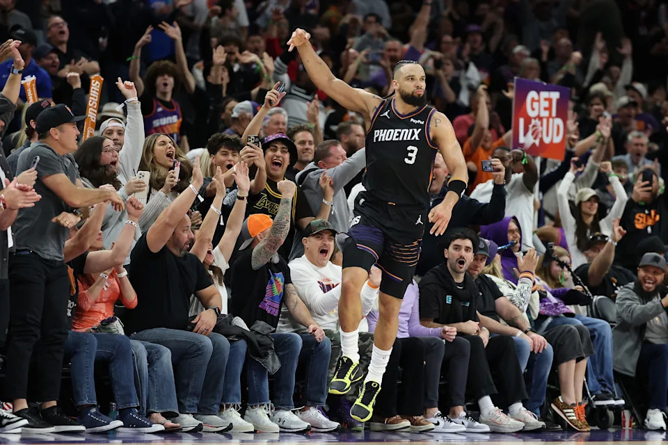 PHOENIX, ARIZONA - JANUARY 04: Dillon Brooks #3 of the Phoenix Suns celebrates after hitting a three-point shot against the Oklahoma City Thunder during the second half of the NBA game at Mortgage Matchup Center on January 04, 2026 in Phoenix, Arizona. The Suns defeated the Thunder 108-105. NOTE TO USER: User expressly acknowledges and agrees that, by downloading and or using this photograph, user is consenting to the terms and conditions of the Getty Images License Agreement. (Photo by Christian Petersen/Getty Images)