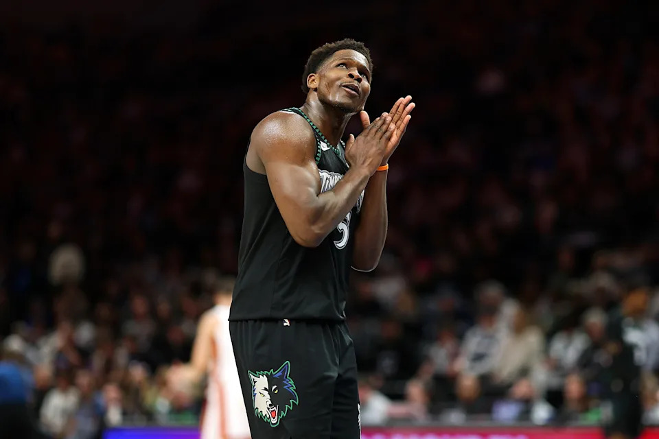 MINNEAPOLIS, MINNESOTA – JANUARY 06: Anthony Edwards #5 of the Minnesota Timberwolves reacts against the Miami Heat in the second quarter at Target Center on January 06, 2026 in Minneapolis, Minnesota. NOTE TO USER: User expressly acknowledges and agrees that, by downloading and or using this photograph, User is consenting to the terms and conditions of the Getty Images License Agreement. (Photo by David Berding/Getty Images)