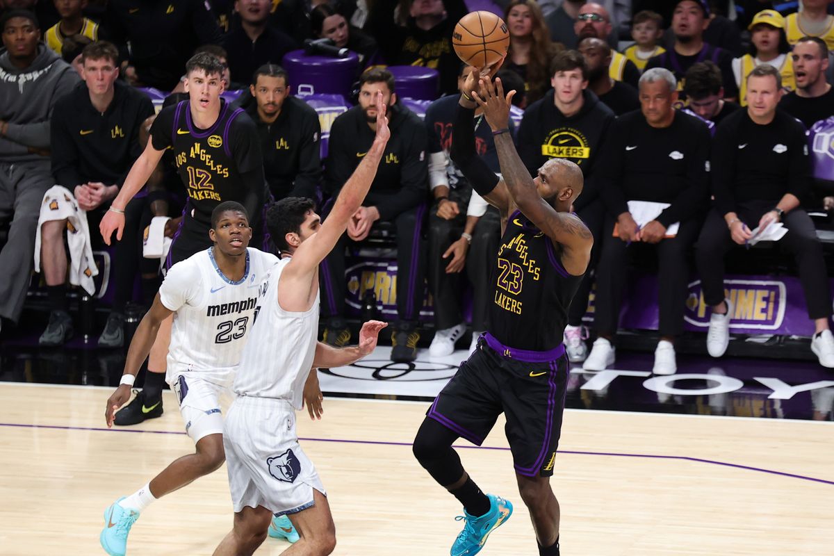 #23 SF LeBron James of the Los Angeles Lakers shoots the basketball during an NBA game against the Memphis Grizzlies on January 2, 2026 in Los Angeles, CA.