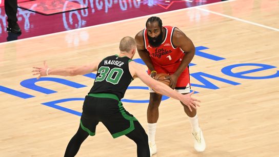 Los Angeles Clippers guard James Harden, #1, squares up against a defender during an NBA basketball game against the Boston Celtics, Saturday January 3, 2026 at Intuit Dome in Inglewood, Calif. Los Angeles Clippers guard James Harden, #1, squares up against a defender during an NBA basketball game against the Boston Celtics, Saturday January 3, 2026 at Intuit Dome in Inglewood, Calif.