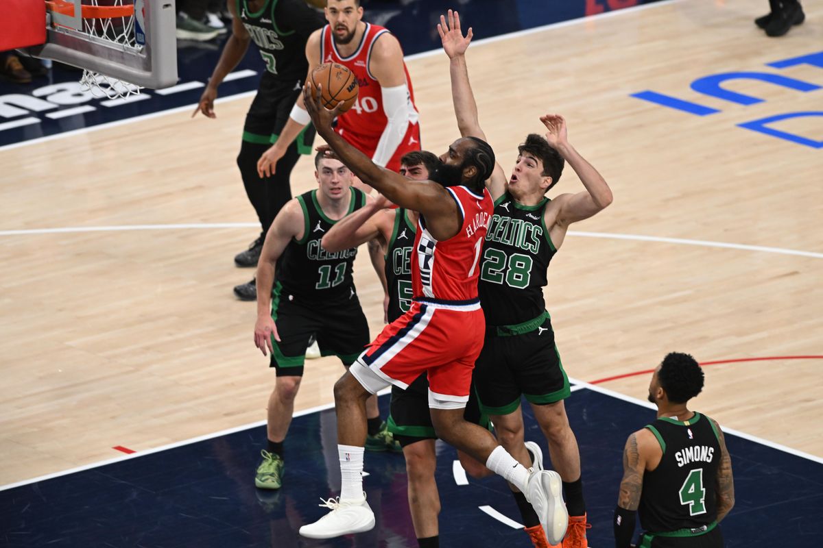 Los Angeles Clippers guard James Harden, #1 scores during an NBA basketball game against the Boston Celtics, Saturday January 3, 2026 at Intuit Dome in Inglewood, Calif.