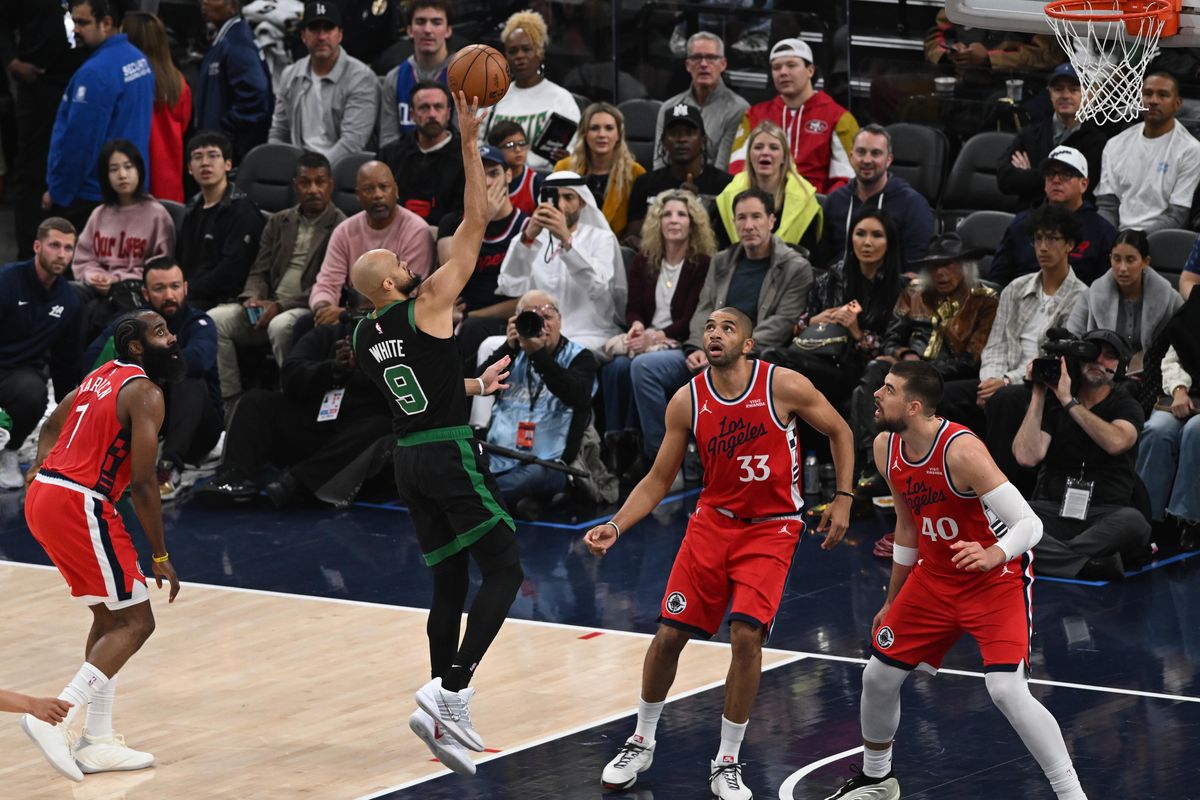 Boston Celtics guard Derrick White, #9, shoots a floater during an NBA basketball game against the Los Angeles Clippers, Saturday January 3, 2026 at Intuit Dome in Inglewood, Calif.