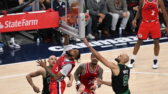 Los Angeles Clippers small forward Derrick Jones Jr, #5, scores a layup under the basket during an NBA basketball game against the Boston Celtics, Saturday January 3, 2026 at Intuit Dome in Inglewood, Calif. Los Angeles Clippers small forward Derrick Jones Jr, #5, scores a layup under the basket during an NBA basketball game against the Boston Celtics, Saturday January 3, 2026 at Intuit Dome in Inglewood, Calif.