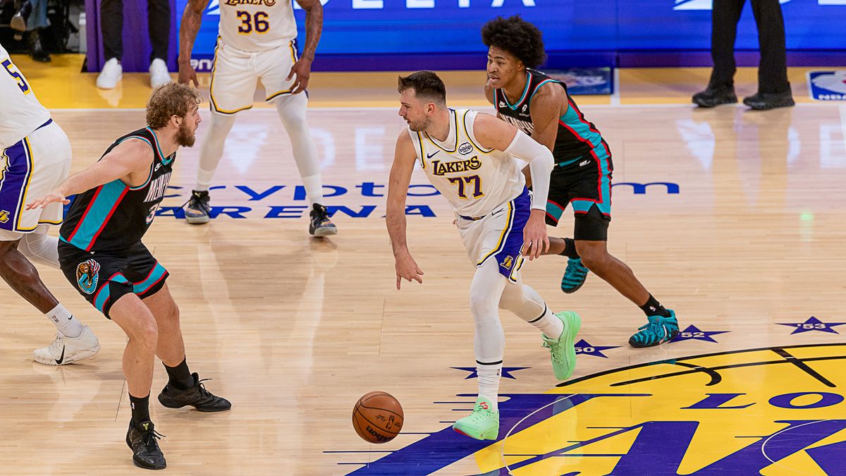 Los Angeles Lakers Luka Doncic 77 dribbles the ball during NBA game against the Memphis Grizzlies on Sunday January 4th, 2026, in Los Angeles California. Los Angeles Lakers Luka Doncic 77 dribbles the ball during NBA game against the Memphis Grizzlies on Sunday January 4th, 2026, in Los Angeles California.