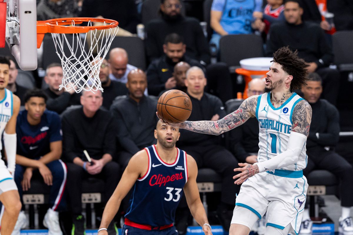 LaMelo Ball #1 of the Charlotte Hornets lays the ball up during an NBA basketball game against the LA Clippers, Monday January 12, 2026 in Inglewood, Calif.