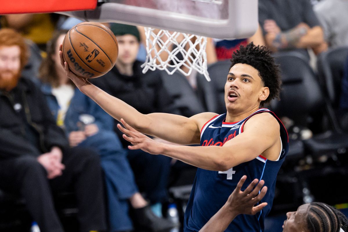 Kobe Sanders #4 of the LA Clippers lays the ball up during an NBA basketball game against the Charlotte Hornets, Monday January 12, 2026 in Inglewood, Calif.