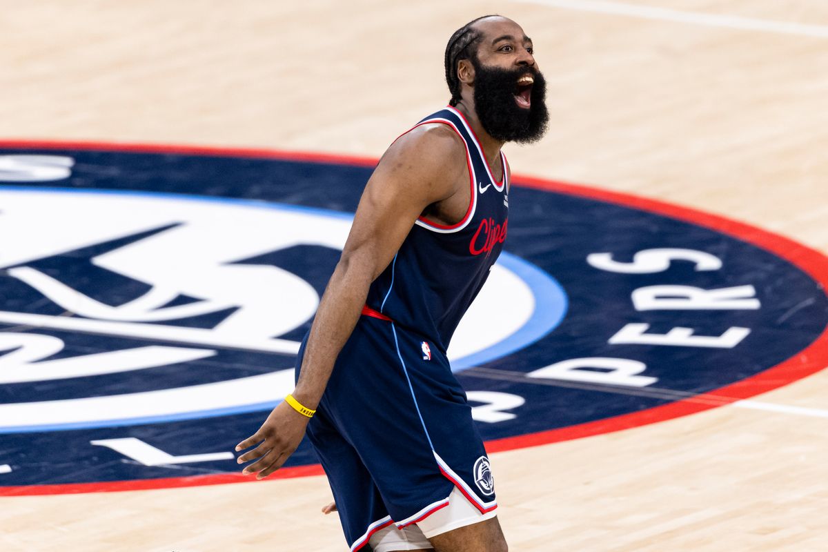 James Harden #1 of the LA Clippers celebrates after a made shot during an NBA basketball game against the Charlotte Hornets, Monday January 12, 2026 in Inglewood, Calif.