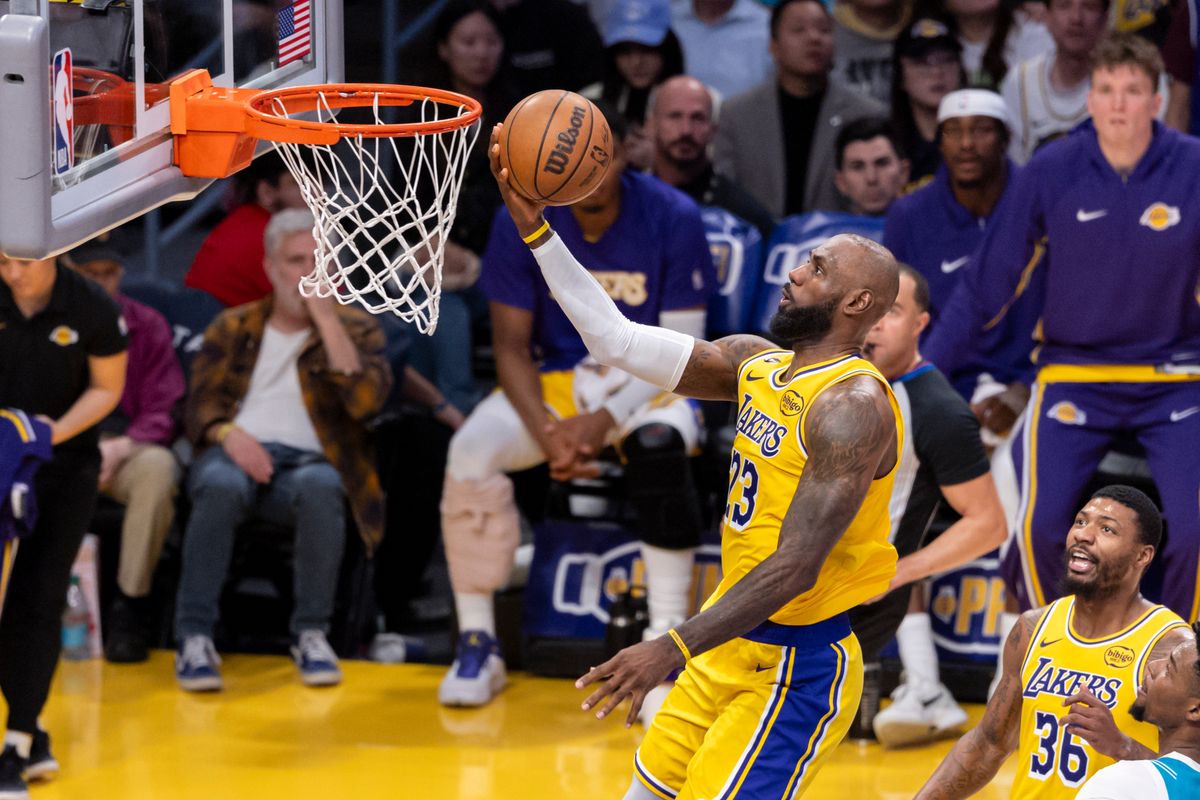 LeBron James #23 of the Los Angeles Lakers lays the ball up during an NBA basketball game against the Charlotte Hornets, Thursday January 15, 2026 in Inglewood, Calif.