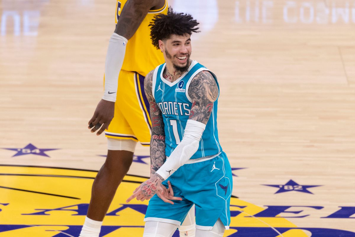 LaMelo Ball #1 of the Charlotte Hornets celebrates after a made shot during an NBA basketball game against the Los Angeles Lakers, Thursday January 15, 2026 in Inglewood, Calif.