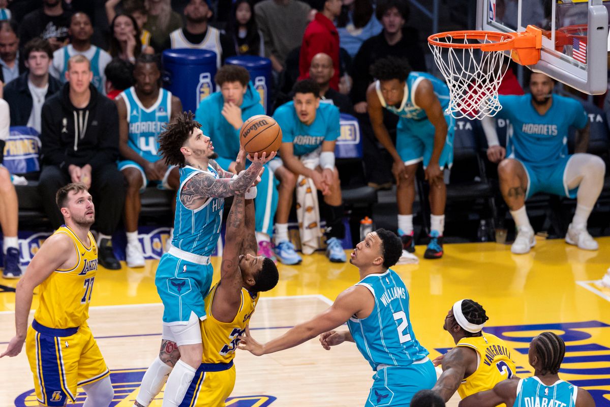 LaMelo Ball #1 of the Charlotte Hornets drives towards the basket during an NBA basketball game against the Los Angeles Lakers, Thursday January 15, 2026 in Inglewood, Calif.