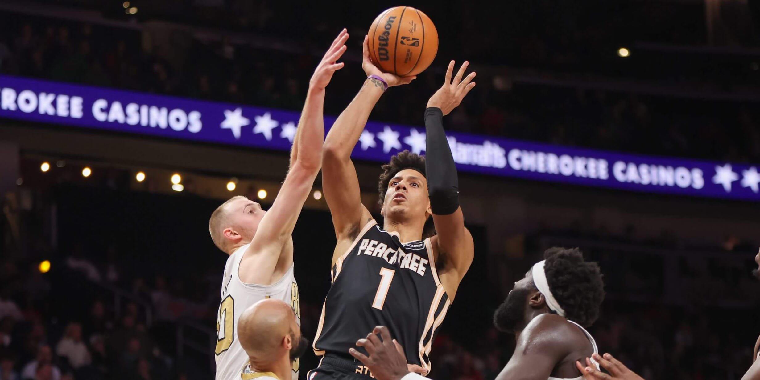 Hawks wing Jalen Johnson goes up for a shot against the Celtics