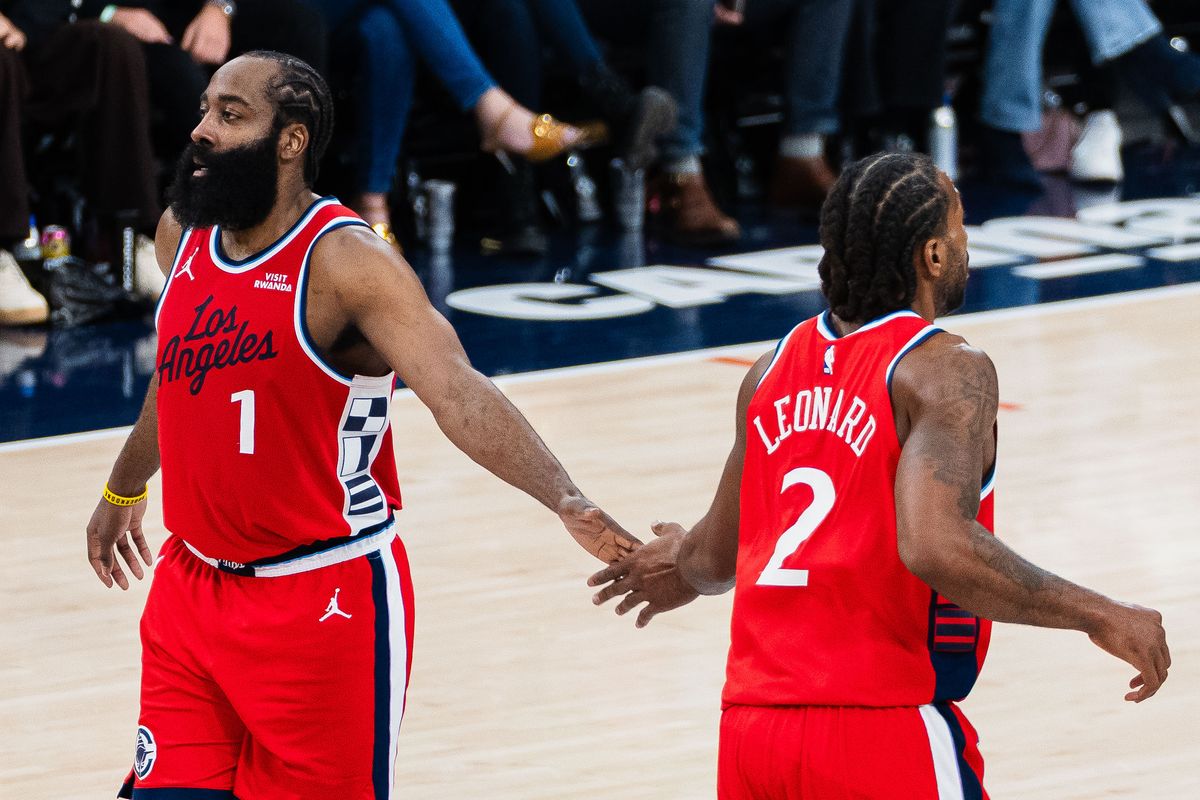 Los Angeles Clippers guard James Harden (1) and forward Kawhi Leonard (2) high-five each other during an NBA basketball game against the Brooklyn Nets, Sunday January 25th, 2026 in Inglewood, California. Los Angeles Clippers guard James Harden (1) and forward Kawhi Leonard (2) high-five each other during an NBA basketball game against the Brooklyn Nets, Sunday January 25th, 2026 in Inglewood, California.