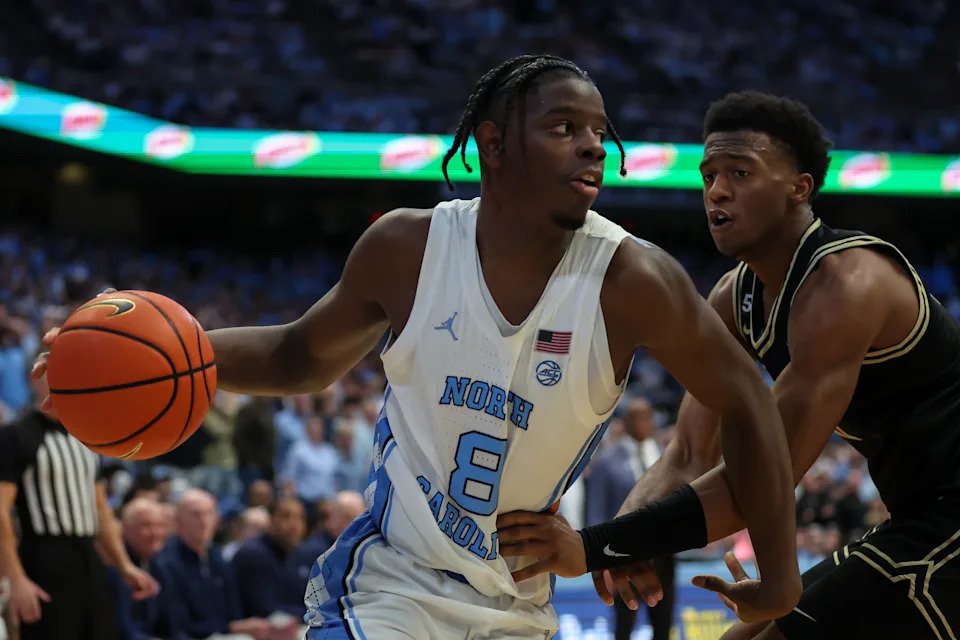 Jan 10, 2026; Chapel Hill, North Carolina, USA; North Carolina Tar Heels forward Caleb Wilson (8) goes to the basket against the Wake Forest Demon Deacons during the second half at Dean E. Smith Center. Mandatory Credit: Cory Knowlton-Imagn Images