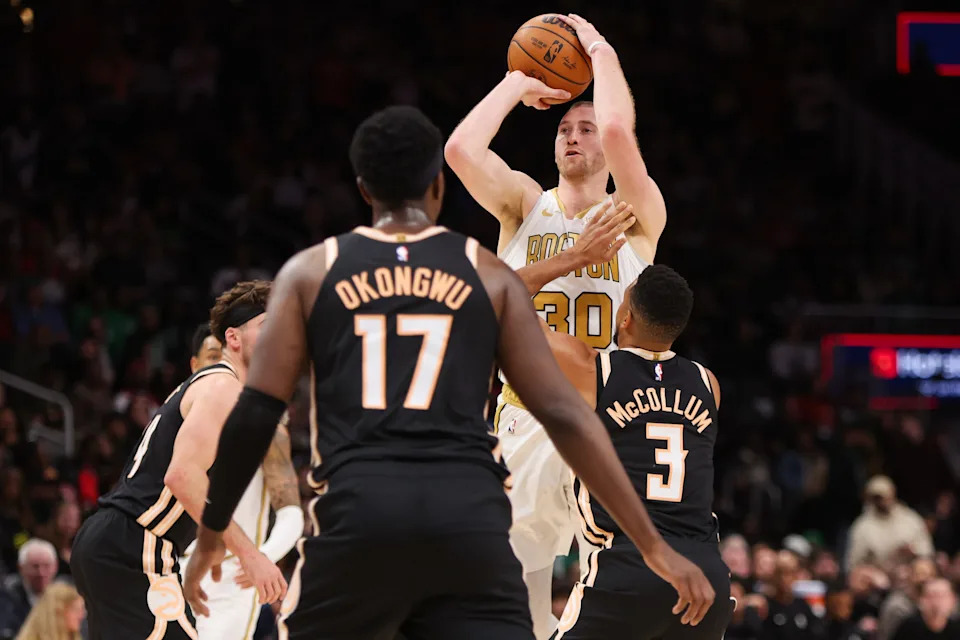 Jan 17, 2026; Atlanta, Georgia, USA; Boston Celtics forward Sam Hauser (30) shoots against the Atlanta Hawks in the fourth quarter at State Farm Arena. Mandatory Credit: Brett Davis-Imagn Images