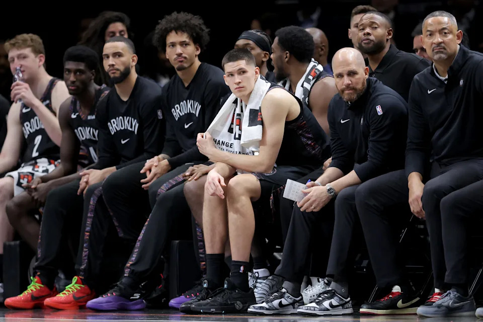 Jan 23, 2026; Brooklyn, New York, USA; Brooklyn Nets guard Egor Demin (8) watches from the bench during double overtime against the Boston Celtics at Barclays Center. Mandatory Credit: Brad Penner-Imagn Images