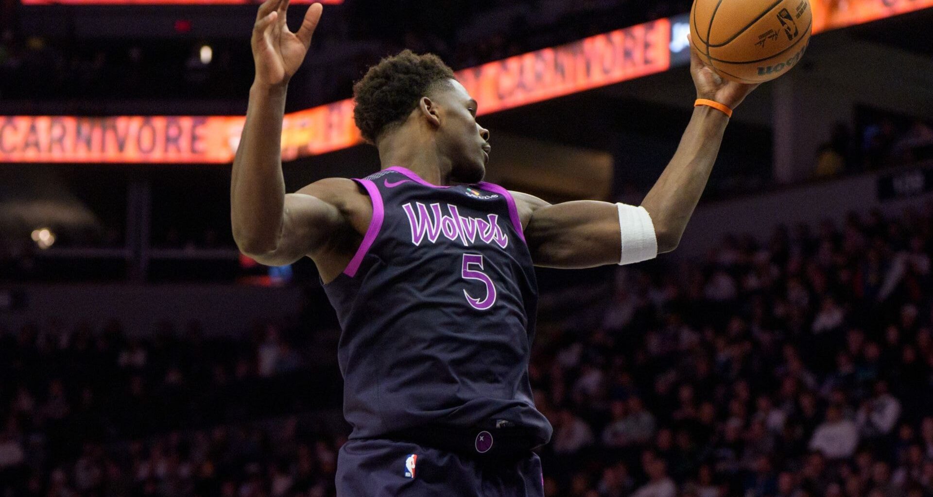 Jan 29, 2025; Phoenix, Arizona, USA; Minnesota Timberwolves guard Anthony Edwards (5) with forward Julius Randle (30) against the Phoenix Suns at Footprint Center.