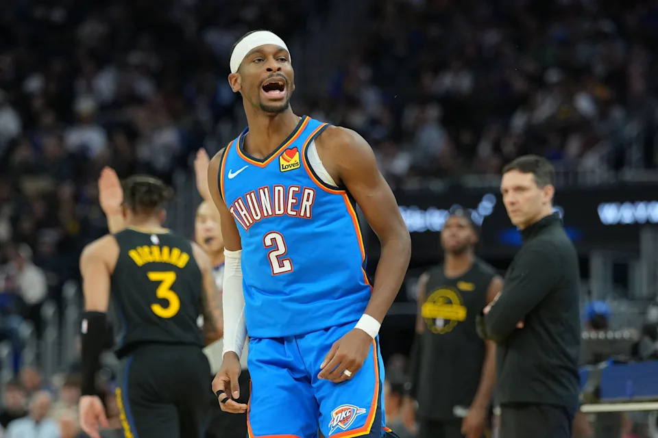 Jan 2, 2026; San Francisco, California, USA; Oklahoma City Thunder guard Shai Gilgeous-Alexander (2) reacts after making a three point basket against the Golden State Warriors during the third quarter at Chase Center. Mandatory Credit: Darren Yamashita-Imagn Images