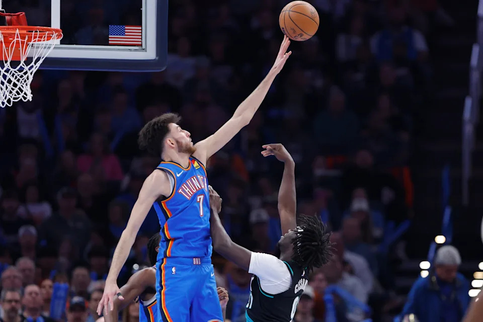 Dec 31, 2025; Oklahoma City, Oklahoma, USA; Oklahoma City Thunder center Chet Holmgren (7) blocks a shot by Portland Trail Blazers guard Sidy Cissoko (91) during the second half at Paycom Center. Mandatory Credit: Alonzo Adams-Imagn Images