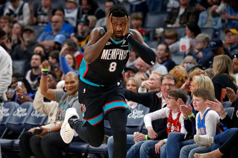 Jan 9, 2026; Memphis, Tennessee, USA; Memphis Grizzlies forward/center Jaren Jackson Jr. (8) reacts after a basket during the first quarter against the Oklahoma City Thunder at FedExForum. Mandatory Credit: Petre Thomas-Imagn Images