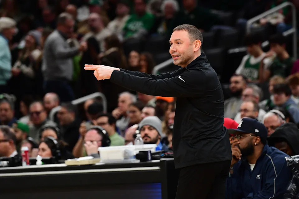 Jan 7, 2026; Boston, Massachusetts, USA; Denver Nuggets head coach David Adelman reacts during the second half against the Boston Celtics at TD Garden. Mandatory Credit: Bob DeChiara-Imagn Images