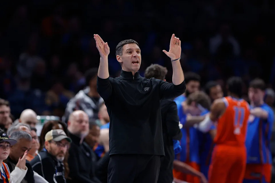 Jan 11, 2026; Oklahoma City, Oklahoma, USA; Oklahoma City Thunder Head Coach Mark Daigneault gestures to his team during a play against the Miami Heat during the second half at Paycom Center. Mandatory Credit: Alonzo Adams-Imagn Images