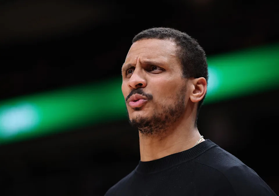 ATLANTA, GEORGIA - JANUARY 17: Head coach Joe Mazzulla of the Boston Celtics reacts against the Atlanta Hawks during the fourth quarter at State Farm Arena on January 17, 2026 in Atlanta, Georgia. NOTE TO USER: User expressly acknowledges and agrees that, by downloading and or using this photograph, User is consenting to the terms and conditions of the Getty Images License Agreement. (Photo by Kevin C. Cox/Getty Images)