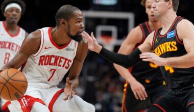 Durant scores 31 points as Rockets dominate second half and roll past short-handed Hawks 104-86 :: WRAL.com