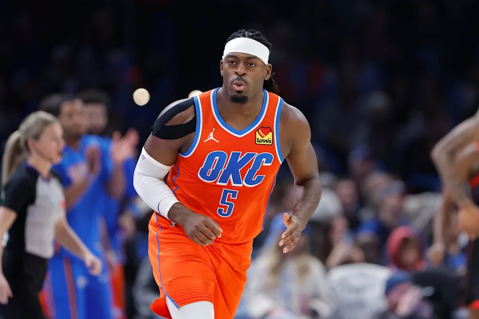 Jan 25, 2026; Oklahoma City, Oklahoma, USA; Oklahoma City Thunder guard Luguentz Dort (5) reacts after a play against the Toronto Raptors during the second half at Paycom Center. Mandatory Credit: Alonzo Adams-Imagn Images