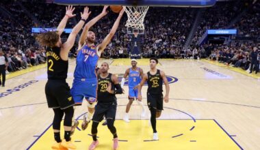 SAN FRANCISCO: Chet Holmgren #7 of the Oklahoma City Thunder goes up for a shot on Brandin Podziemski #2 of the Golden State Warriors during the second half at Chase Center in San Francisco, California. – AFP