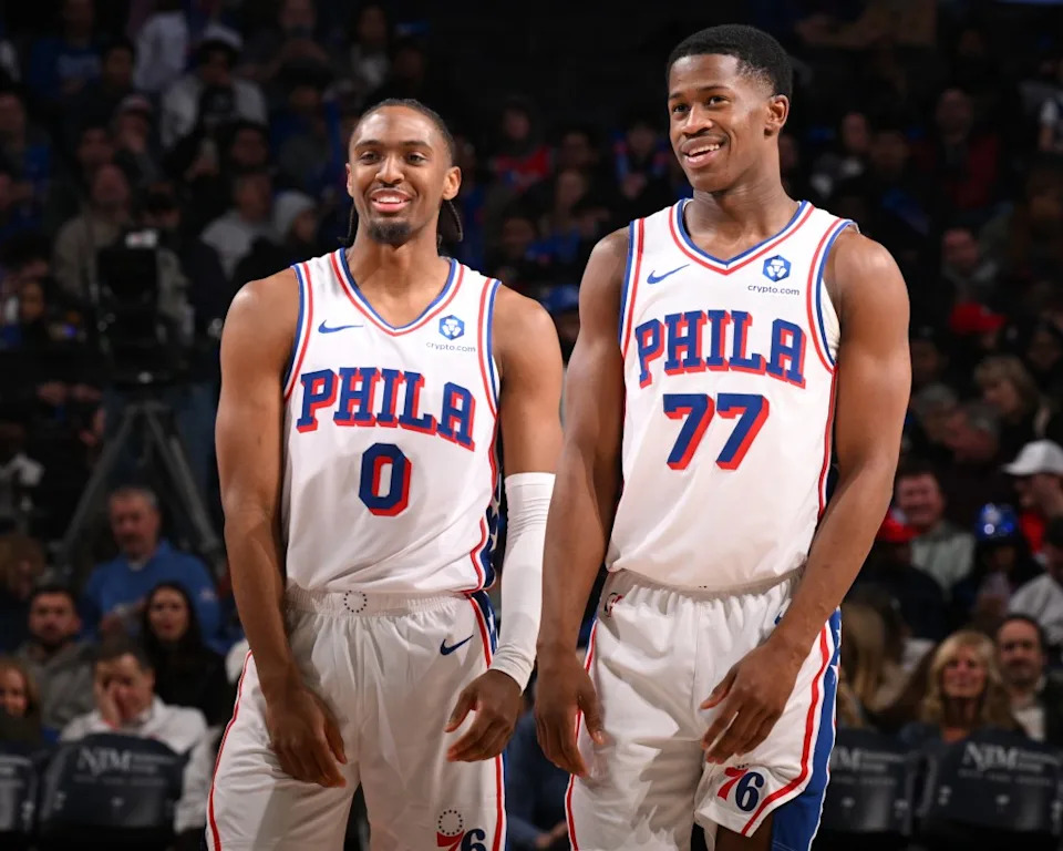 Tyrese Maxey and VJ Edgecombe of the Philadelphia 76ers during the game against the Phoenix Suns on January 20, 2026 at the Wells Fargo Center in Philadelphia, Pennsylvania. NBAE via Getty Images