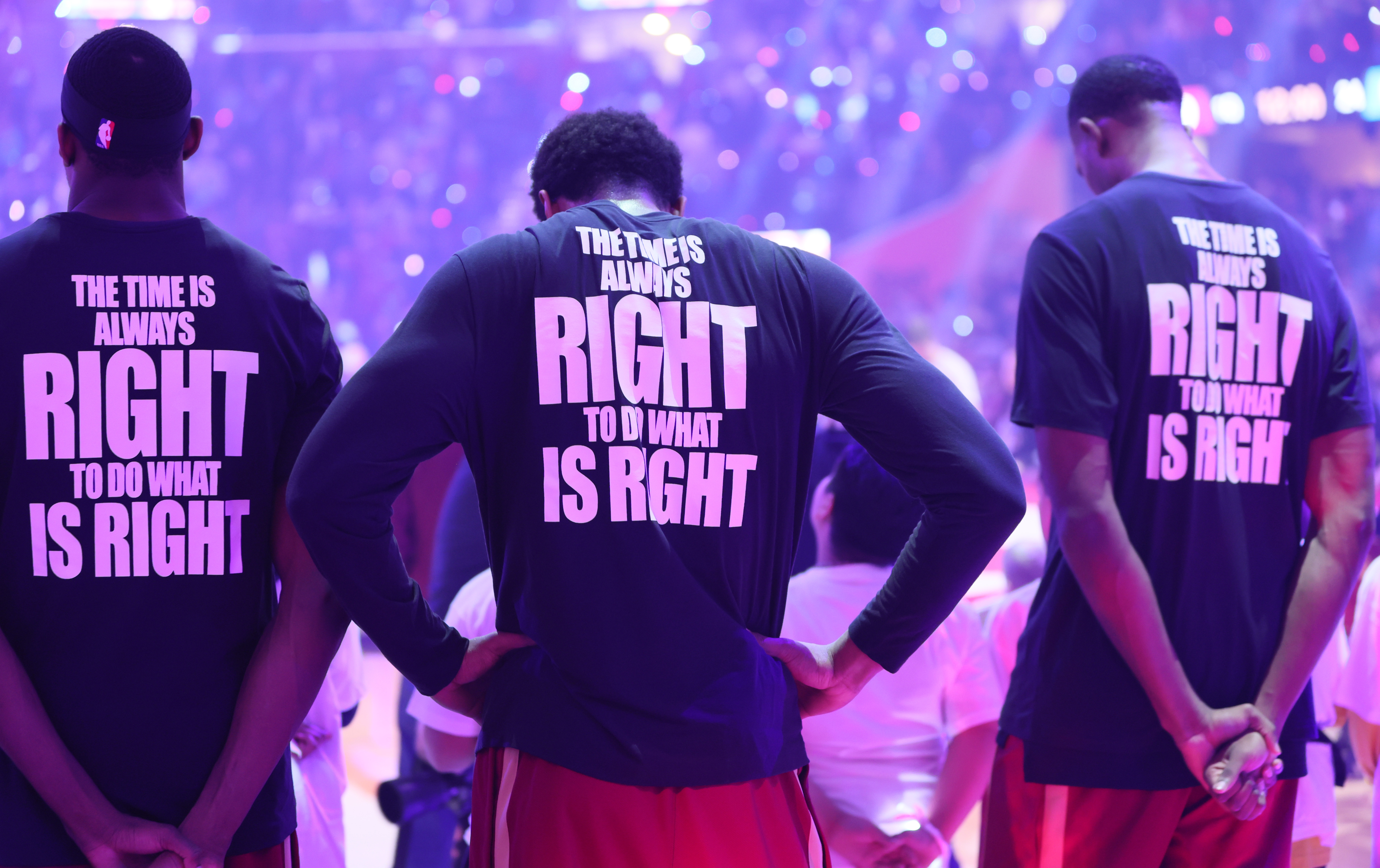 Cleveland Cavaliers players don a Martin Luther King tribute warm up T-Shirts before their game against the Oklahoma City Thunder at Rocket Arena. 