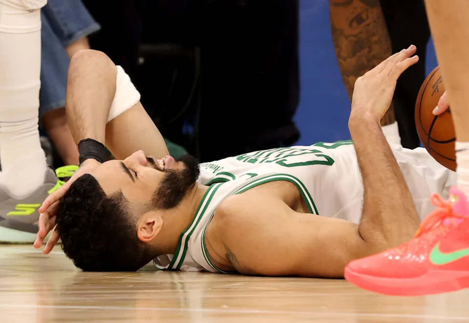 Jan 22, 2025; Inglewood, California, USA; Boston Celtics forward Jayson Tatum (0) reacts after a play during the second quarter against the LA Clippers at Intuit Dome. Mandatory Credit: Jason Parkhurst-Imagn Images