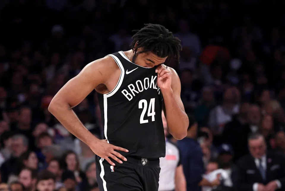 Brooklyn Nets guard Cam Thomas #24 reacts on the court during the second quarter against the Knicks. Charles Wenzelberg / New York Post