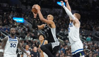 Dec 25, 2025; Oklahoma City, Oklahoma, USA; San Antonio Spurs forward Victor Wembanyama (1) drives down the court beside Oklahoma City Thunder guard Jalen Williams (8) during the second quarter at Paycom Center